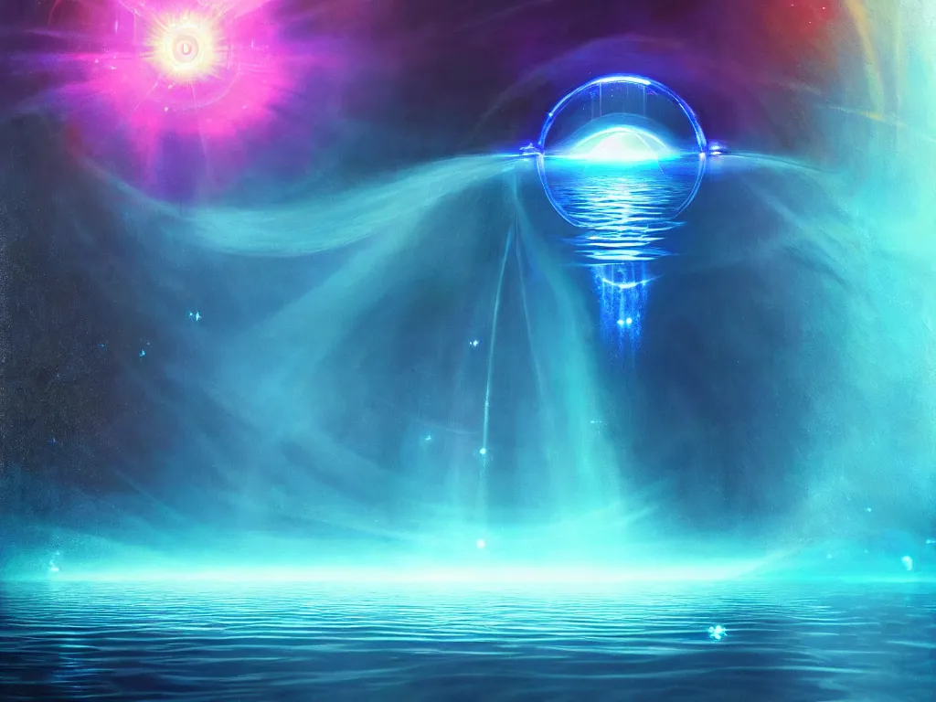 Prompt: beautiful oil on canvas of one beautiful magical gleaming holographic portal to another world, in a lake, opening under the water, magical, ethereal, sci - fi, art, 8 k render octane high definition