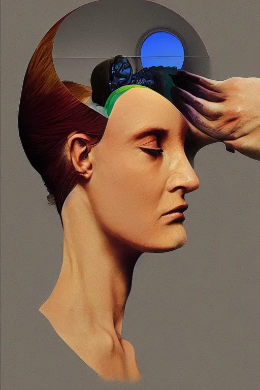 Image similar to woman wearing Oculus and digital glitch head Edward Hopper and James Gilleard, Zdzislaw Beksisnski, higly detailed