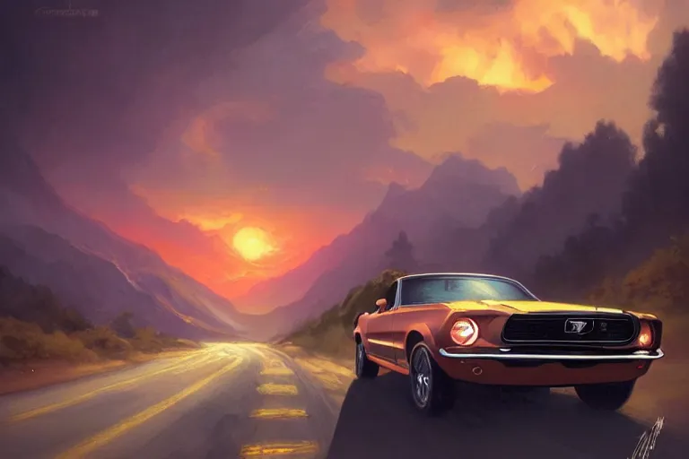 Image similar to a 1 9 6 8 mustang driving down a country road, coriolios rpg art style, full of details, warm sunset colors, matte painting, artstation, 8 k, hyperrealistic, style of peter mohrbacher