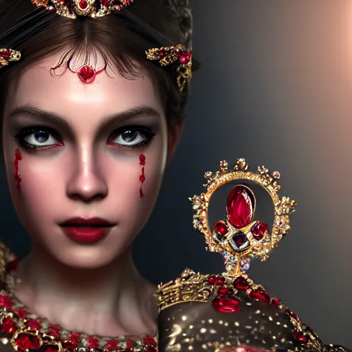 Image similar to photograph of wonderful princess with smooth fair skin, alluring eyes, red jewelry, breathtaking, elegant, ornate, intricate, hyper detailed, accent lighting, dramatic light, 4 k octane render