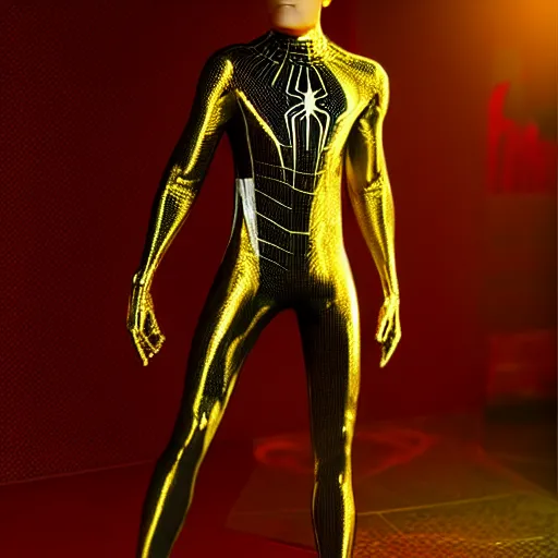 Image similar to gold spider - man suit with black web lining, cinematic, volumetric lighting, realistic, hyperdetailed, photorealistic, photograph