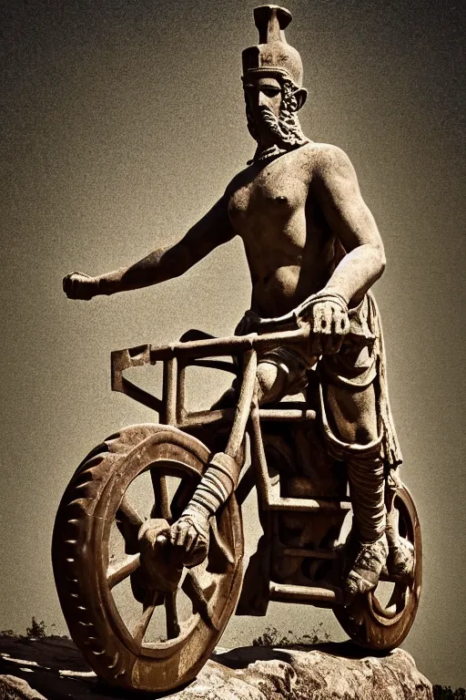 Image similar to photo of the ancient statue of biker on the ancient bike, symmetrical, cinematic, real dlsr photography, sharp focus, 4 k, ultra hd, sense of awe, archeology journal cover