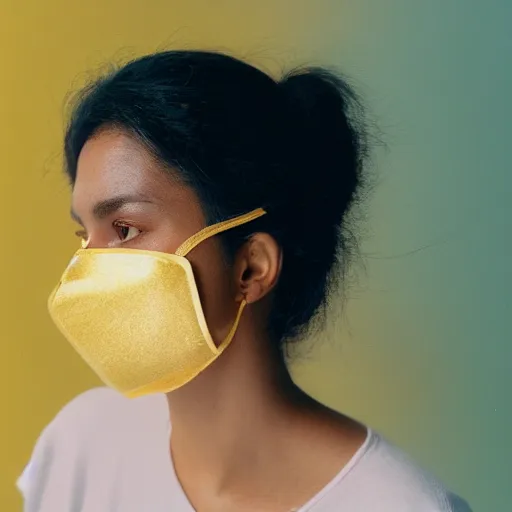 Image similar to photo of woman wearing a gold plated face mask, cinestill, 800t, 35mm, full-HD