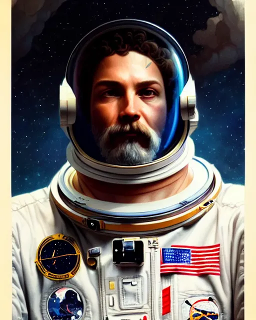 Image similar to portrait of zeus as an astronaut, intricate, highly detailed, digital painting, artstation, concept art, smooth, sharp focus, illustration, art by artgerm and greg rutkowski and alphonse mucha