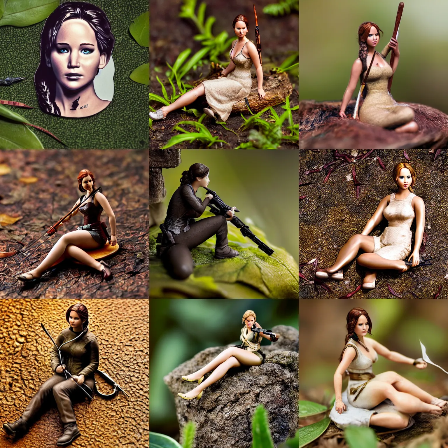 Prompt: Realistic miniature of Jennifer Lawrence (Katniss Everdeen), accurate proportions, sitting on a leaf, macro photography