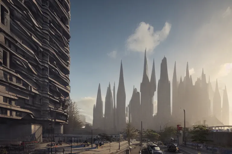 Image similar to streetscape, a towering cathedral of brutalist architecture, buildings covered with greebles, stunning volumetric light, sunset, metal, concrete and translucent material, stunning skies, majestic landscape, trending on Artstation, 8k, photorealistic, hyper detailed, unreal engine 5, IMAX quality, cinematic, epic lighting, in the style of Greg Rutkowski