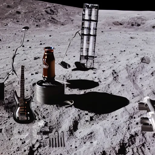 Image similar to photo of a detailed idle electric guitar and an detailed idle beer can next to one another on the moon surface. realistic. detailed