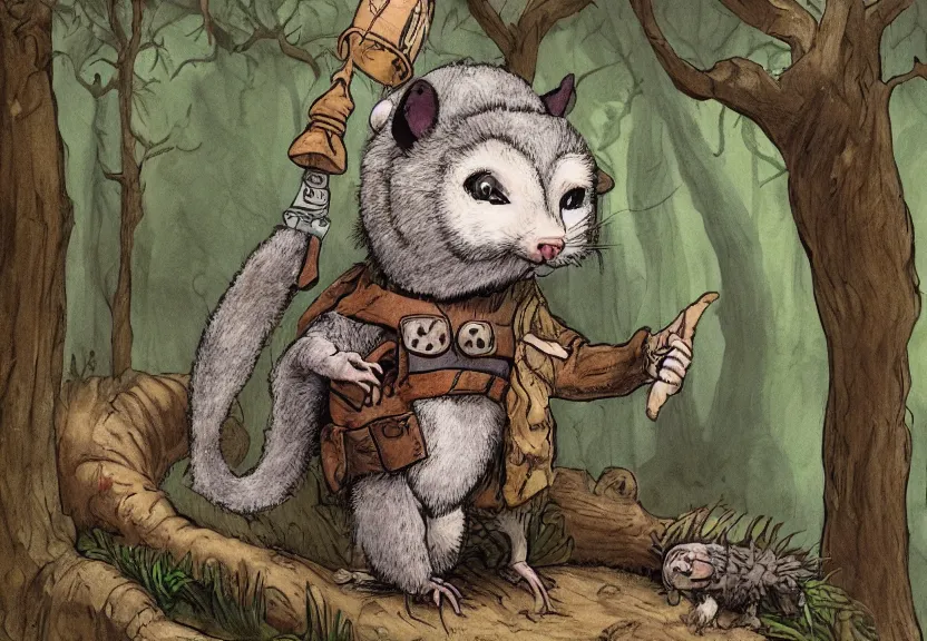 Prompt: possum dressed as an adventurer, hidden in the forest, colorized, highly detailed, 4k, trending on Artstation, award-winning, art by Maurice Sendak