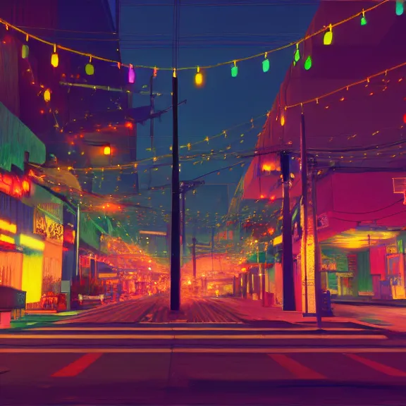 Image similar to Downtown Mexico, string lights, colorful lighting, night, realism, intricate abstract, ((gta 5 screenshot house)), by Tooth Wu, by Greg Rutkowski