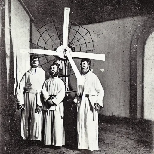 Image similar to an 1800s photo of a windmill. Cult worshippers in robes.