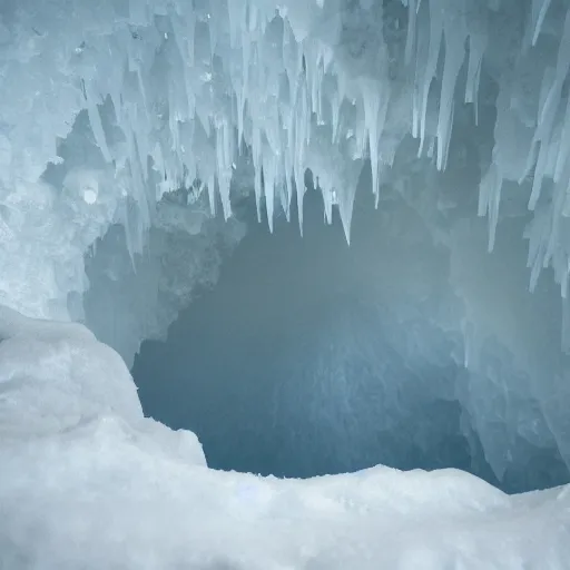 Image similar to a dark ice cave with a glowing ice spike in the center, surreal,