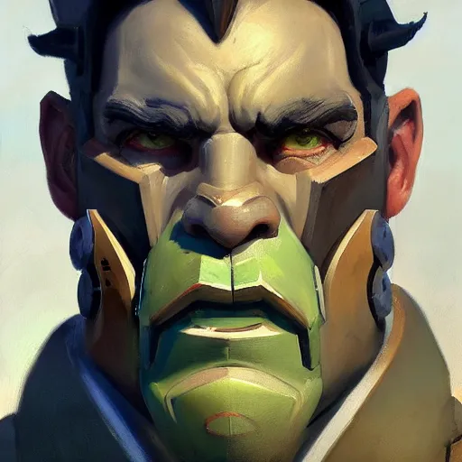 Image similar to greg manchess close - up portrait painting of a handsome older male dieselpunk orc with olive green skin as an overwatch character, medium shot, asymmetrical, profile picture, organic painting, sunny day, matte painting, bold shapes, hard edges, street art, trending on artstation, by huang guangjian and gil elvgren and sachin teng