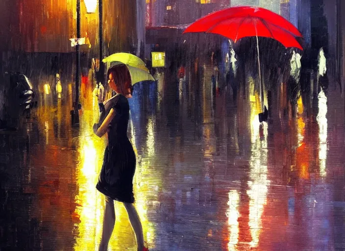 Prompt: evening city scene with medium height young woman with umbrella. beautiful use of light and shadow to create a sense of depth and movement. using energetic brushwork and a limited color palette, providing a distinctive look and expressive quality in a rhythmic composition