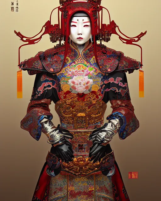 Image similar to portrait of a chinese cyberpunk machine, machine face, robed, upper half portrait, decorated with chinese opera motifs, regal, asian, fine china, wuxia, traditional chinese art intricate intense elegant 京 剧 highly detailed digital painting artstation concept art smooth sharp focus illustration, art by artgerm and greg rutkowski alphonse mucha 8 k