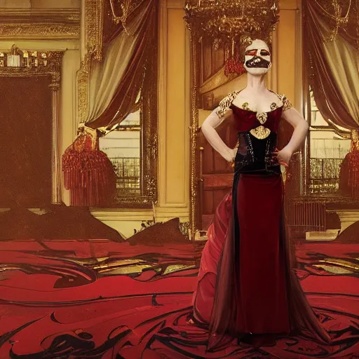 Prompt: an extremely detailed matte painting of a vampire queen in a resplendent and ostentatiously beautiful dark red dress with gold trim and black high heeled shoes at a masquerade ball, epic fantasy, viewed in profile from far away, sharp focus, detailed face, art by greg rutkowski and alphonse mucha, volumetric lighting, 4 k resolution, artstation