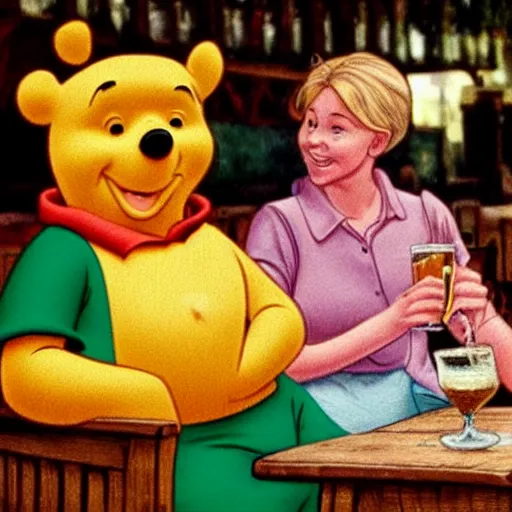 Image similar to winnie the pooh and a blonde woman enjoying a couple of pints in a pub together.