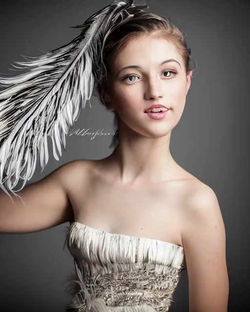 Image similar to beautiful girl with a dress of feathers photo 3 5 mm, studio light