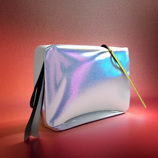 Image similar to a plastic designer bag, iridescent color, fashion shooting, photorealistic, fantasy, artstation, studio photo