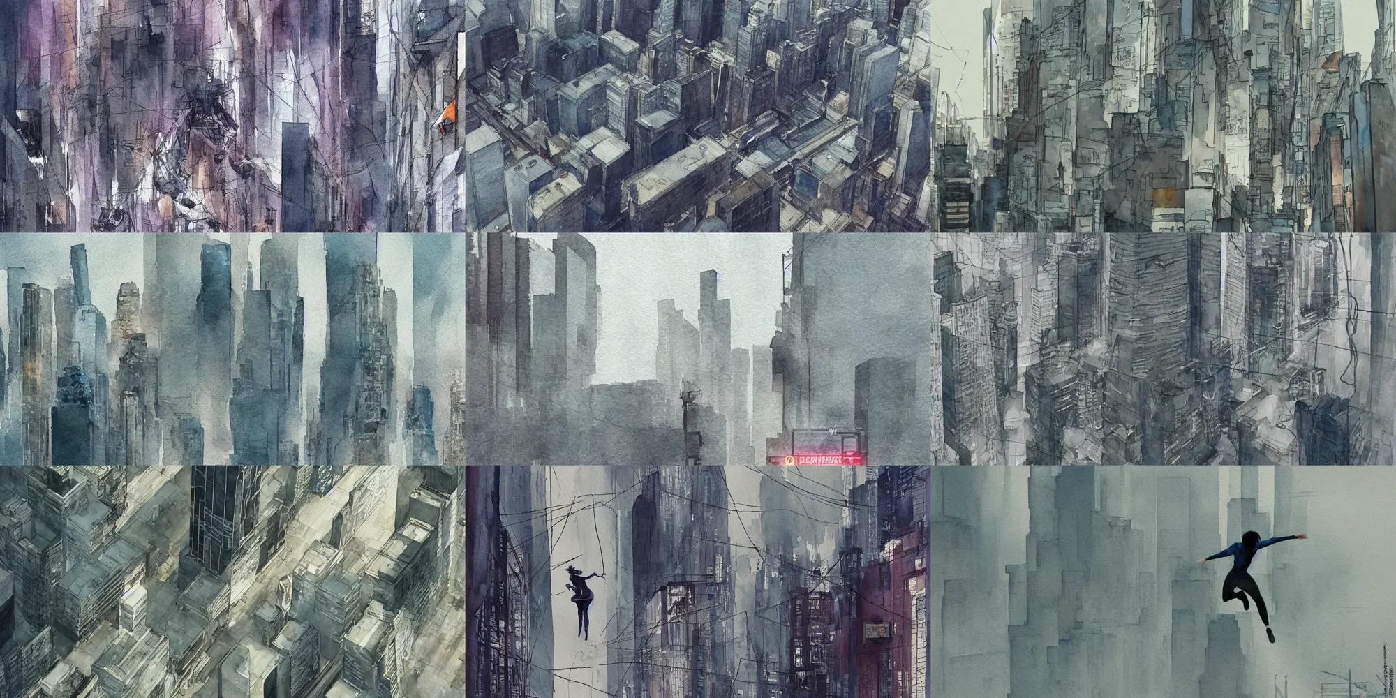 Prompt: incredible curvilinear screenshot,mirrors edge , vertigo, fear of heights, movie scene, jumping from the rooftop, foreshortening, simple watercolor, watercolor paper, watercolor technique, paper texture, ghost in the shell movie scene, street below, telephone pole, dusty, dry, curvilinear pencil marks, koji morimoto shinjuku, katsuya terada, masamune shirow, tatsuyuki tanaka hd, 4k, remaster, dynamic camera angle, deep 3 point perspective, fish eye, dynamic scene