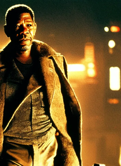 Prompt: a movie still of morgan freeman as rick deckard in blade runner