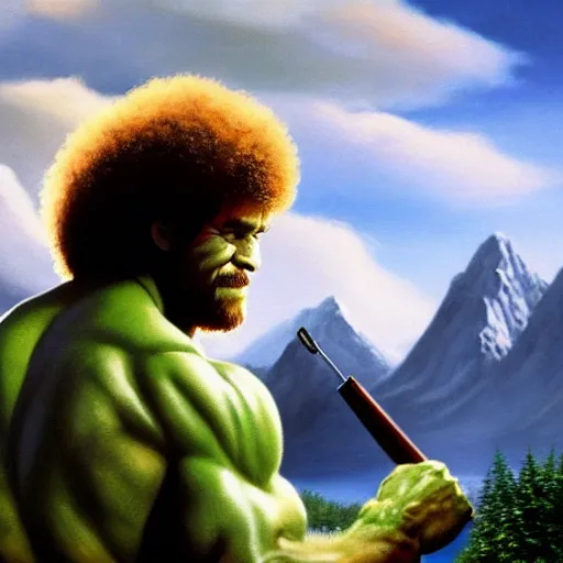 Prompt: a closeup photorealistic photograph of bob ross working on a canvas painting of the incredible hulk. film still. brightly lit scene. mountains and trees. this 4 k hd image is trending on artstation, featured on behance, well - rendered, extra crisp, features intricate detail, epic composition and the style of unreal engine.