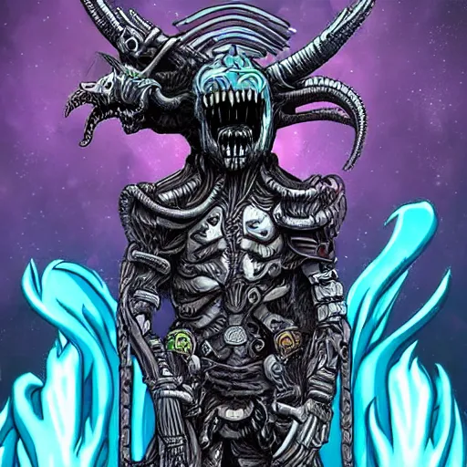 Prompt: lich king as a xenomorph, vaporwave, intricate detail, the gorillaz album art