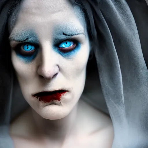 Image similar to vampire nosferatu, pale blue skin, portrait, extreme close up, photograph by elisabeth gadd, ultra detailed, realistic, dark, dramatic light, backlit