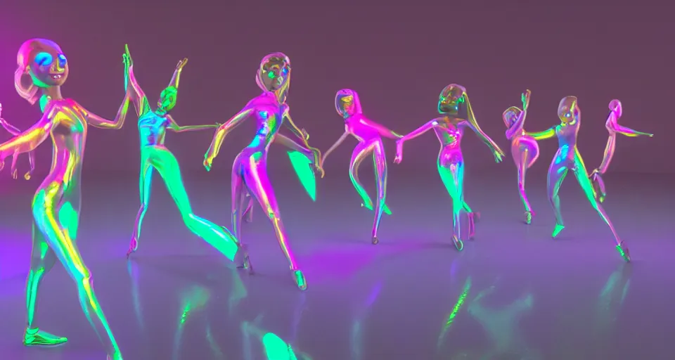 Prompt: dancing holographic girls, in the style of Pixar animation, low angle view, 16mm lens, award winning, hyper detailed, dramatic lighting, artstation, octane renderer, unreal engine