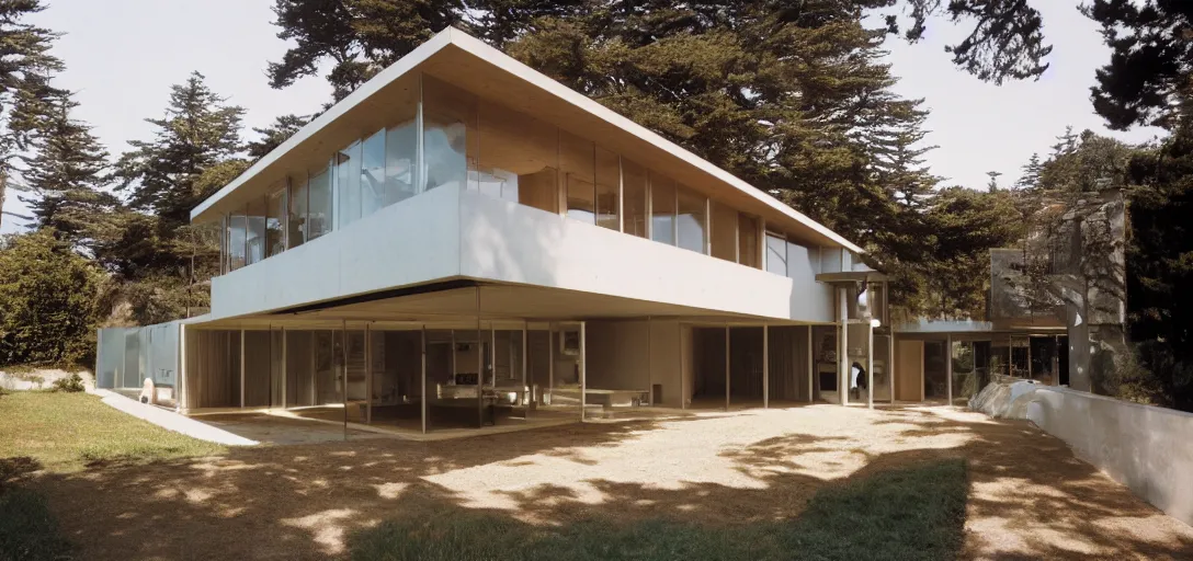 Image similar to new house designed by rem koolhaas. monterey, ca in 2 0 2 2. fujinon premista 1 9 - 4 5 mm t 2. 9. portra 8 0 0.