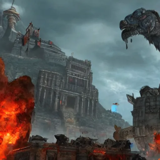 Prompt: an ancient city being destroyed by a horrible monster, in the style of god of war