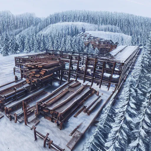 Prompt: top down drone footage of post pocaliptic frostpunk landscape, old lumber mill and few trees remains, crates with wood and supply, beautiful icy area