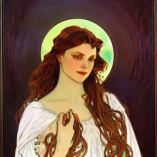 Prompt: Galadriel painted by Alphonse Mucha, james gurney