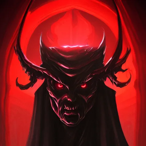 Image similar to dark lord looking into the camera, red glowing eyes, wearing black robe, white background, artstation