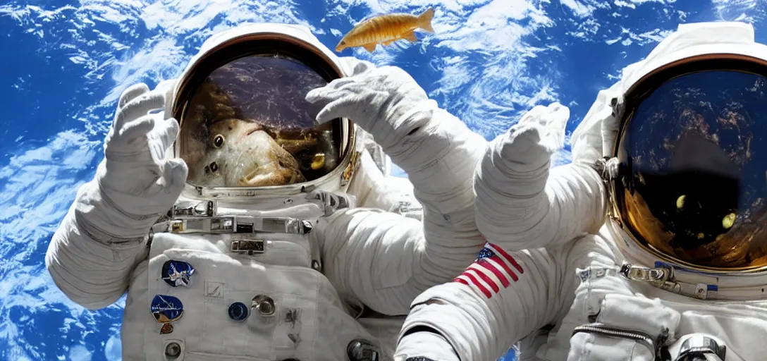 Image similar to Astronaut taking a picture of fish swimming in Space