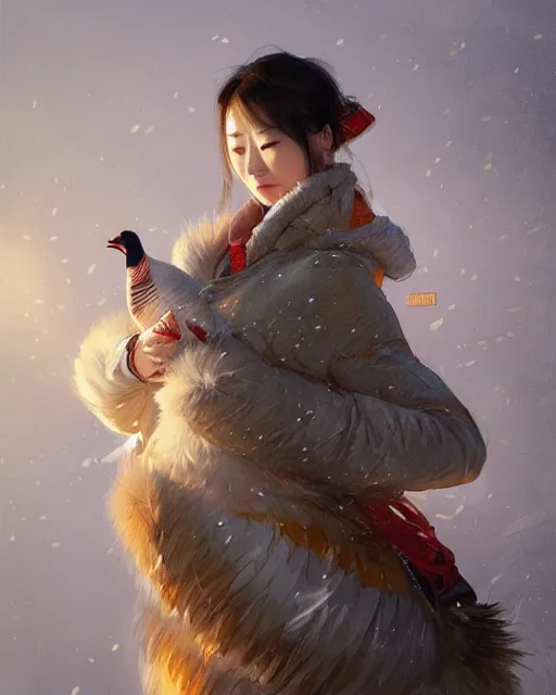 Image similar to a beautiful chinese woman in down jacket ， a goose ， winer ， wenjun lin intricate, elegant, highly detailed, digital painting, artstation, concept art, matte, sharp focus, illustration, hearthstone, art by artgerm and greg rutkowski and alphonse mucha