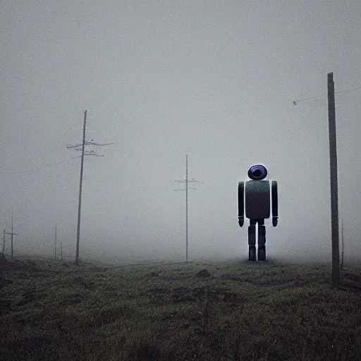 Prompt: the liminal observer droid by dennis mejillones, in a brutalist yet rural landscape by simon stalenhag, 3 5 mm film photography, dawn, eerie fog