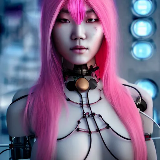 Image similar to portrait of a beautiful mongolian woman with pink hair as a cyberpunk cyborg half robot, revealing wires and electronics, hooked - up, sci - fi, missing panels, intricate abstract upper body intricate artwork, concept art, octane render, deviantart, cinematic, key art, hyperrealism, iridescent accents, portrait photograph, nikon 3 5 mm, photograph by greg rutkowski