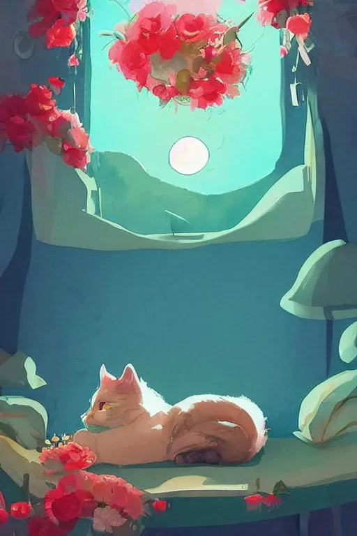 Image similar to a digital art of a cat sleeping in the room with flowers around in the afternoon, the sun shines in, storybook art, watercolor, detailed, cute, by anton fadeev, featured on artstation