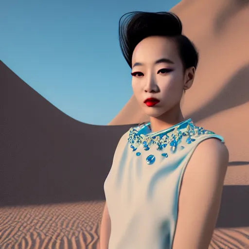 Prompt: innovative avant-garde art, deco fashion, asian women, wearing sky blue dress, highly detailed, photorealistic portrait, serene desert setting, golden hour, crisp quality and light reflections, unreal engine 5 quality render, 4k, by Rei Kawakubo