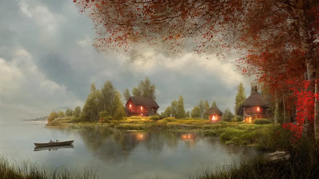 Prompt: small red wooden cottage by the lake, lanterns on the porch, smoke coming out of the chimney, dusk, birch trees, tranquility, two swans swimming on the lake, a wooden rowing boat, cumulus clouds, by charlie bowater, by greg rutkowski