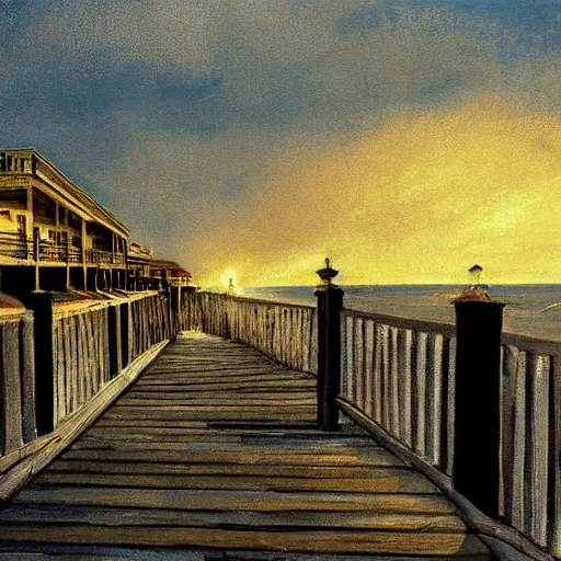 Prompt: boardwalk, seaside painting by brain froud, charles vess, cinematic lighting, epic composition, highly detailed