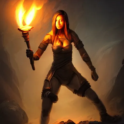 Image similar to a epic hero adventurer holding a torch in a dark cave, artgerm, realistic, cryengine, symmetric