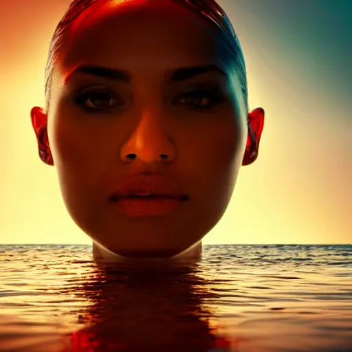 Image similar to water artwork manipulation in the shape of a human head, on the ocean water, futuristic, jelly, gradient, hyper realistic, ray tracing, realistic water, sharp focus, long shot, 8 k resolution, cinematic, photoshop water art