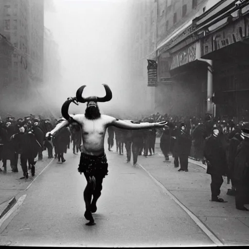 Image similar to old black and white photo, 1 9 1 3, depicting a techno viking shaman rampaging through the bustling streets of new york city, historical record, volumetric fog