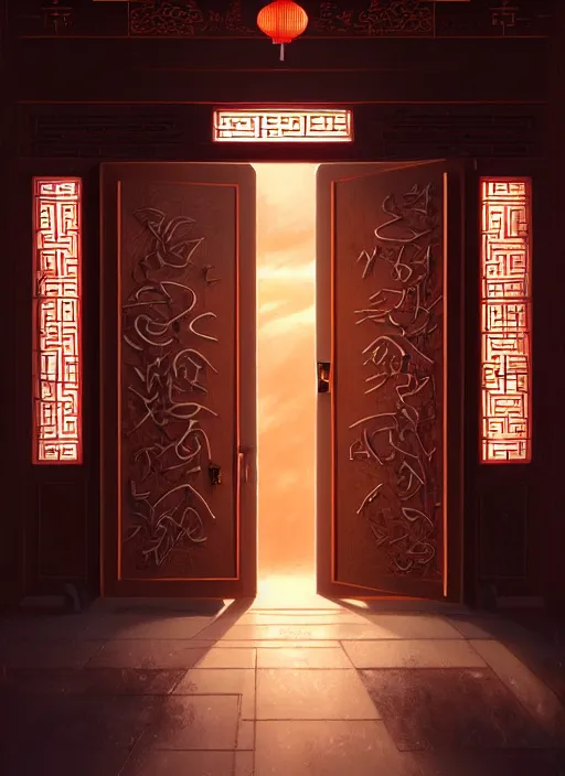 Image similar to Highly detailed and reflective chinese door, Stephen Bliss, unreal engine, fantasy art by Greg Rutkowski, Loish, Rhads, Makoto Shinkai and Lois van baarle, ilya kuvshinov, rossdraws, Tom Bagshaw, global illumination, radiant light, detailed and intricate environment