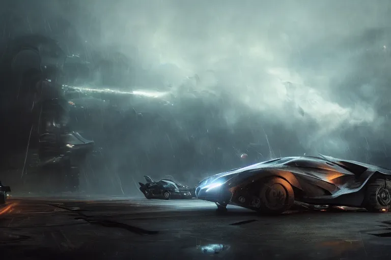 Prompt: the batmobile caught in the flow of time. octane render. 8 k. dark. atmospheric. cinematic. spectacular. sense of awe. mist. strong winds. sunrise. super slowmotion. matte painting painted by thu berchs and peter mohrbacher