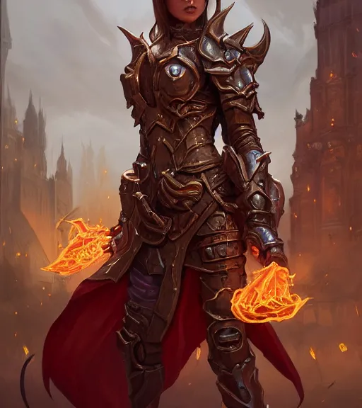 Image similar to demons, full armor, full body portrait, gentle, female, city landscape, d & d, fantasy, intricate, elegant, highly detailed, digital painting, red gold color palette, artstation, octane render, concept art, matte, sharp focus, illustration, hearthstone, art by artgerm and greg rutkowski and alphonse mucha