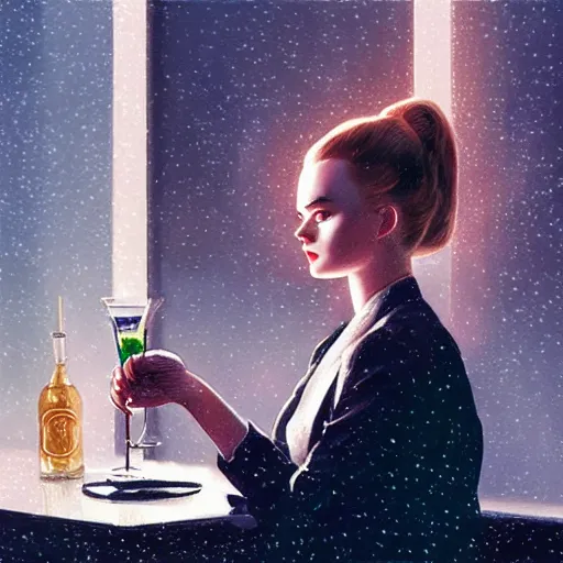 Prompt: silhouette of Elle Fanning holding a martini in a diner, stormy weather, extremely detailed masterpiece, oil on canvas, low-key neon lighting, artstation, Blade Runner 2049, Roger Deakin’s cinematography, by J. C. Leyendecker and Peter Paul Rubens,