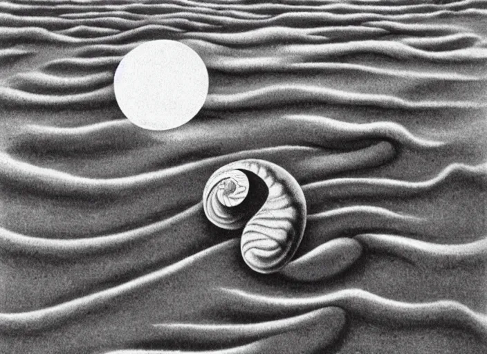 Image similar to a snail on the beach under the moon, by mc escher