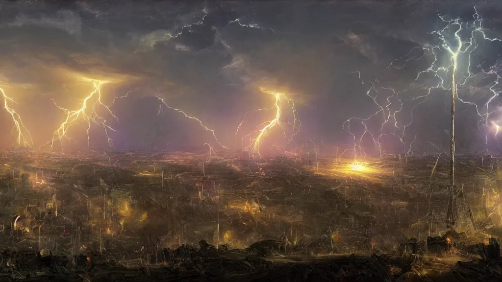 Image similar to Charlotte North Carolina city attacked by War of The Worlds Tripod robots painted by Thomas Cole with dramatic lightning, concept art, matte painting, 8k, highly detailed, artstation